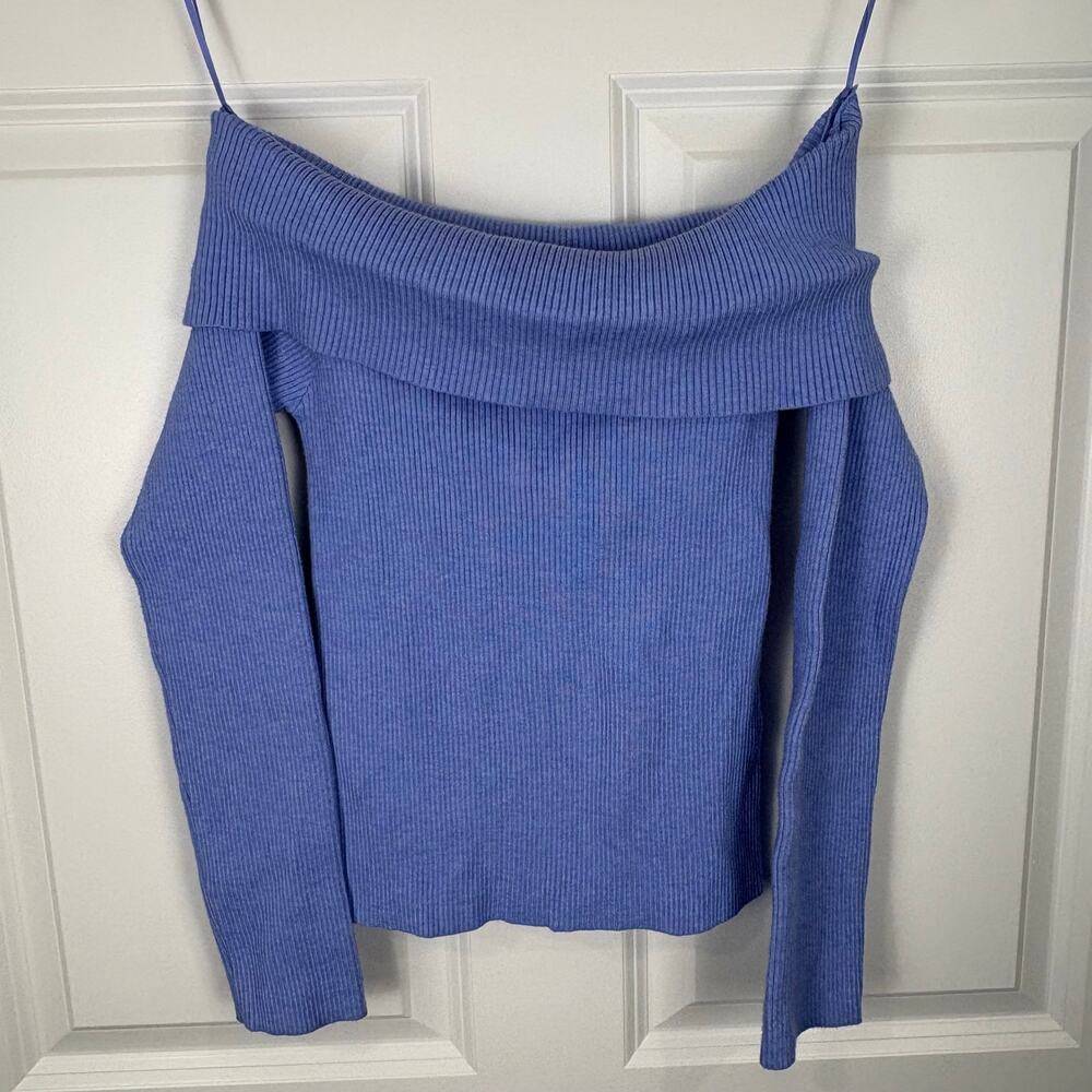 By Together Periwinkle Off The Shoulder Sweater Blue Knitted Ribbed Fitted Small